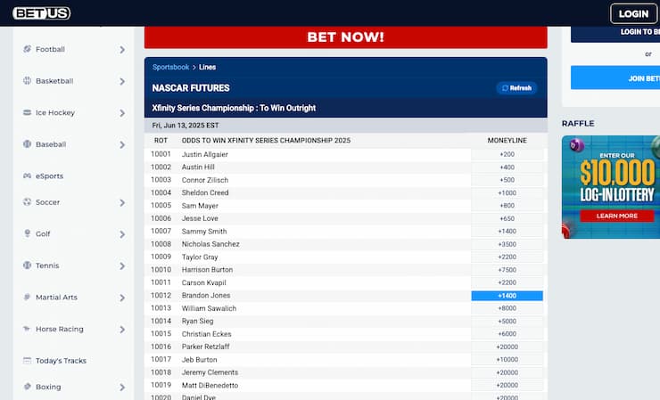 An image of the betting screen from BetUS, a popular site for betting on NASCAR.